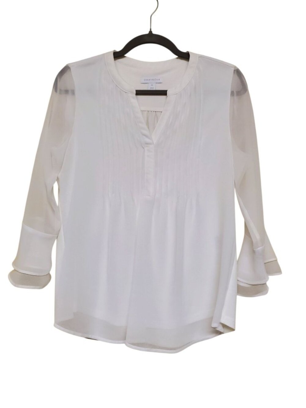 Charter Club Petite White Sheer Bell Sleeves Pintucked Career Blouse Size PS